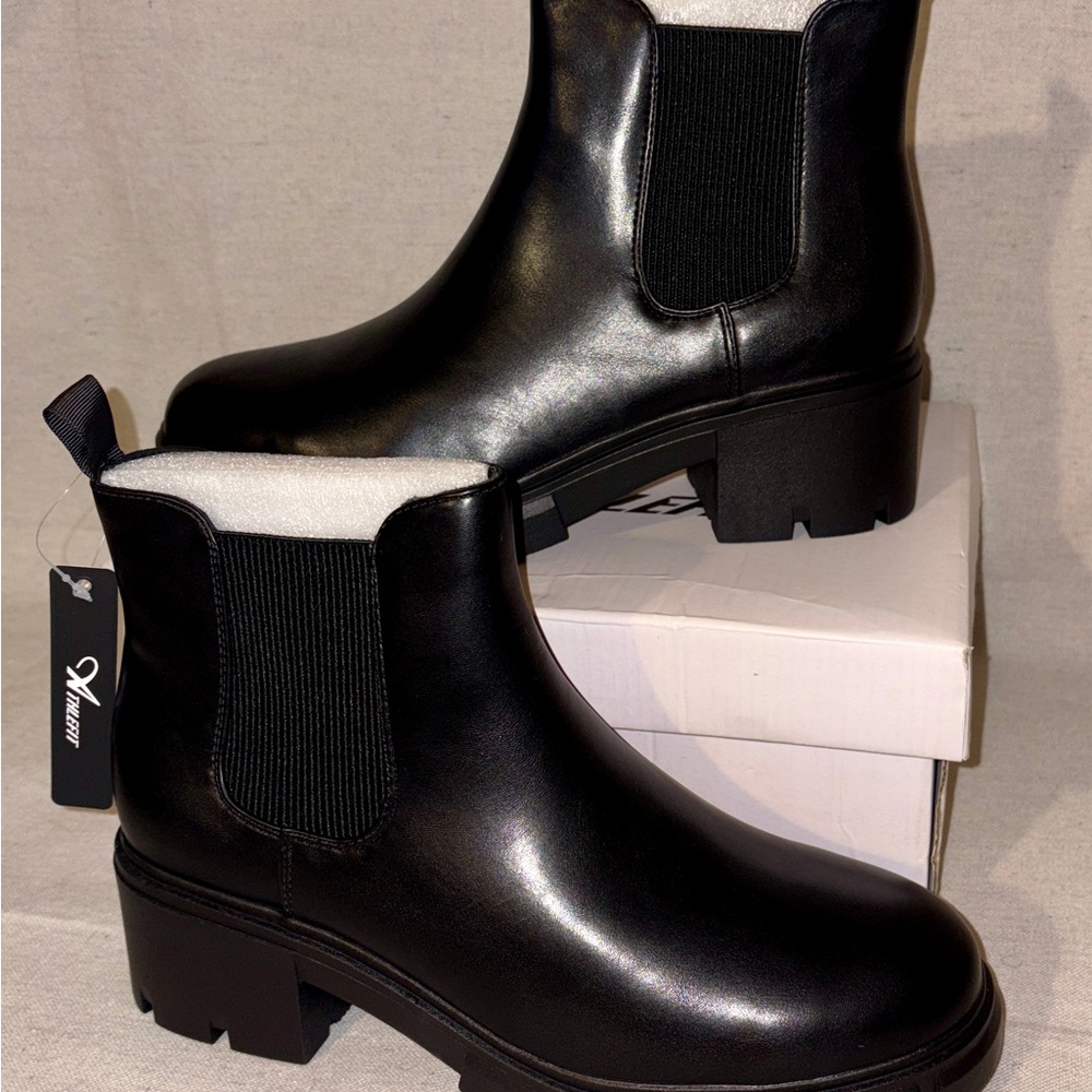 Athlefit Women's Chelsea Platform Ankle‎ Boots Elastic Chunky Heel Lug Sole BLK